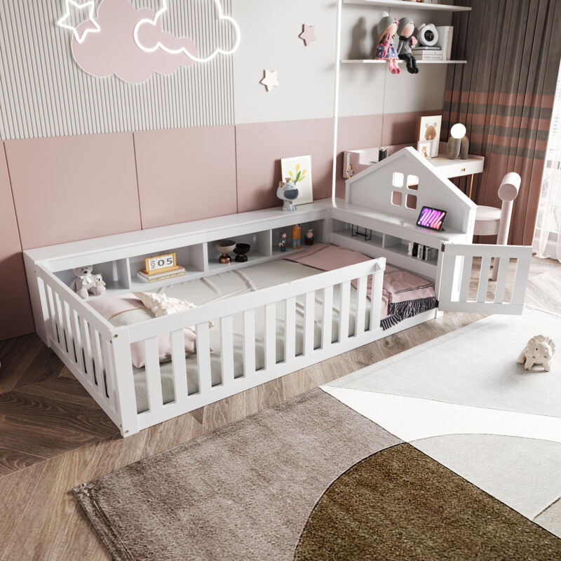 Modenvie Kinderbett 90×200 Cm, Einzelbett Mit Stauraum, Sicherheitsgitter Und Tür, Ohne Matratze, Aus Holz, Weiß