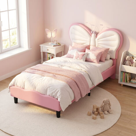 Kinderbett 90x190 cm, Einzelbett mit Schmetterlings-Kopfteil und Leselampe, modernes Design, Rosa