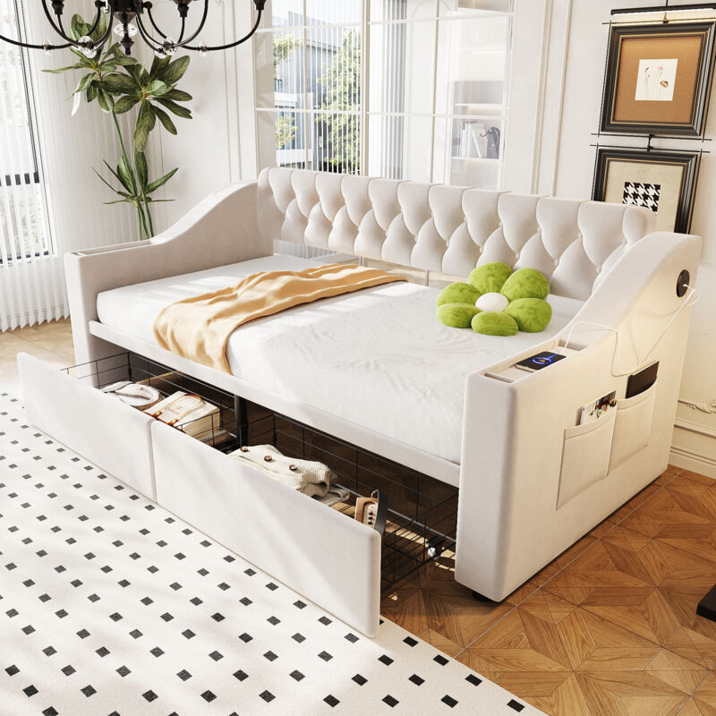 Mivray Kinderbett 90x190 Cm Mit Metallgestell, Samt, Beige