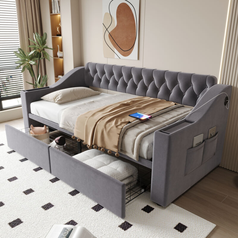 Mivray Kinderbett 90x190 Cm Mit Metallgestell, Samt, Grau