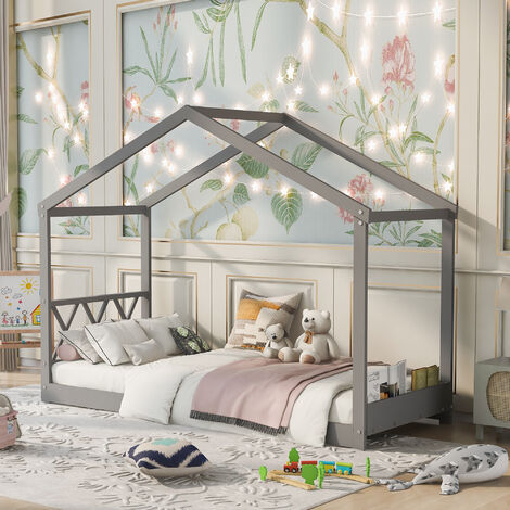Kinderbett 90x200 cm, Hausbett Kiefer massiv Einzelbett mit Lattenrost (Grau)