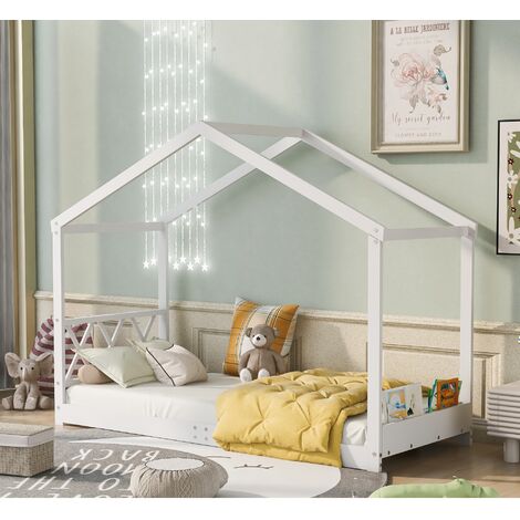 Kinderbett 90x200 cm, Hausbett Kiefer massiv Einzelbett mit Lattenrost (weiß)