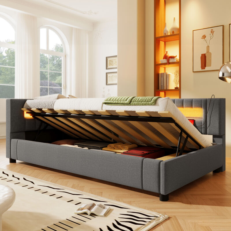 Mivray Kinderbett 90x200 Cm Mit Hochklappbarem Stauraum, Grau