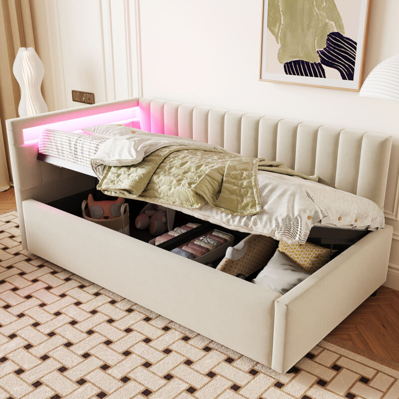 Mivray Kinderbett 90x200 Cm Mit Hydraulischem Stauraumkasten, Samt, Beige