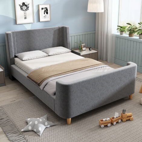 Kinderbett 90x200 cm mit Weltraummotiv, Schlittenform, grauer Holzrahmen (Matratze nicht enthalten)