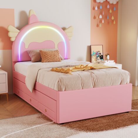 Kinderbett 90x200cm Einhorn-Design mit Ausziehschubladen, PU-gepolstert, rosa (Matratze nicht enthalten)