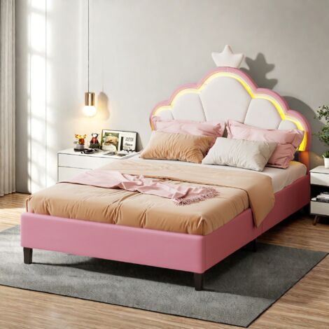 Kinderbett 90x200cm, Polsterbett mit LED, Einzelbettgestell für Mädchen, verstellbares Kopfteil, Bettgestell mit Kronenkopfteil und Lattenrost, Flanell-Finish, Rosa