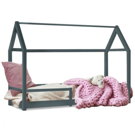 Kinderbett Baumhaus 90 x 190 cm NESSI grau mit Lattenrost und Gittern