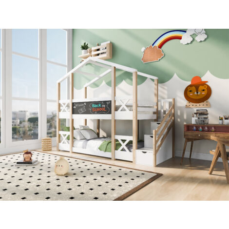 Kinderbett Baumhaus mit Speicherung und Rausfallschutz 90 x 200 cm, Hochbett für Kinder– 2x Lattenrost- Natur & Weiß OKWISH