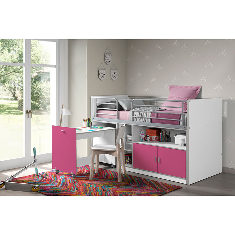 Kinderbett BONNY-12, mit rollbarem Schreibtisch, 90x200cm, Weiß Fuchsia