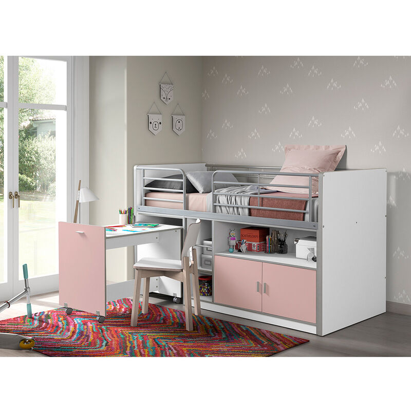 Kinderbett BONNY-12, mit rollbarem Schreibtisch, 90x200cm, Weiß Rosa