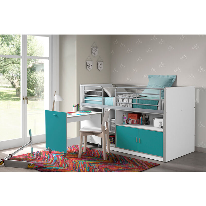 Kinderbett BONNY-12, mit rollbarem Schreibtisch, 90x200cm, Weiß Türkis