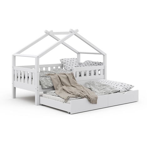 Kinderbett „Design“ 160x80cm Weiß mit Gästebett und Rausfallschutz VitaliSpa