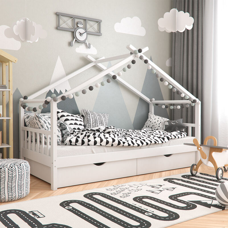 Hausbett Design, Weiß, 90x200 Cm Mit 2 Schubladen, Vitalispa