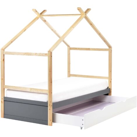 Kinderbett Haus Kiefernholz ORGEVAL 90 x 200 cm mit Stauraum Grau