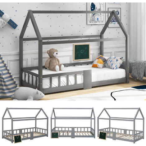 Kinderbett Hausbett 90 x 200 cm, Holzbett f¨¹r Kids, inkl.TafelLattenrostenRausfallschutz, aus Kiefernholz, f¨¹r Kinder,Grau (ohne Matratze)