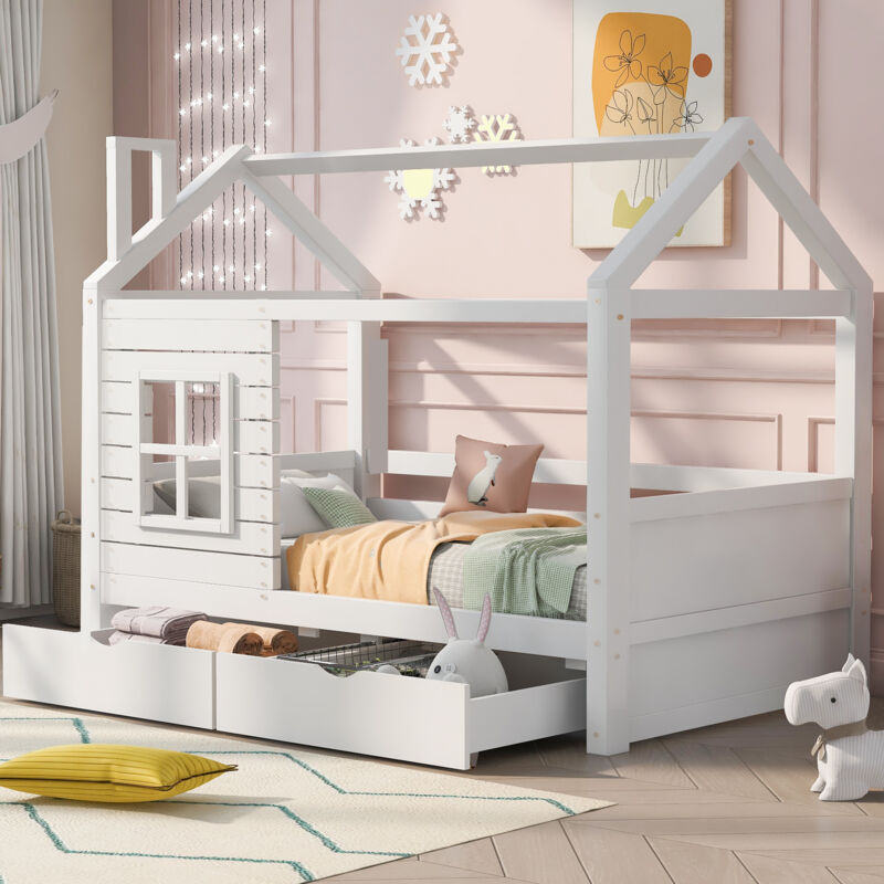 Mivray Kinderbett Hausbett Aus Massivem Kiefernholz Weiß 90x200 Cm Mit Lattenrost, Rausfallschutz Und 2 Schubladen