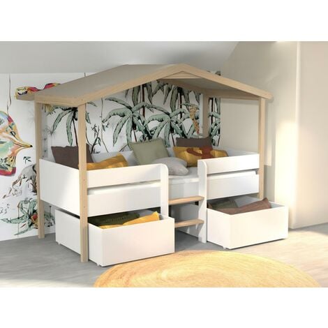 Kinderbett Hausbett mit Schubladen - Lindenholz - 90 x 190 cm - Weiß & Eichefarben - SAROSI - Naturfarben hell, Weiß