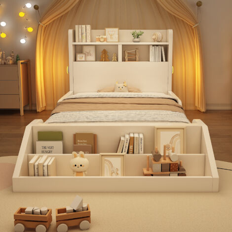 Kinderbett Holz 90x200 cm - Einzelbett mit Abnehmbarer Bibliothek - LED-Nachtlichter - Regale - Stauraum - Lattenrost - Holz - Weiß