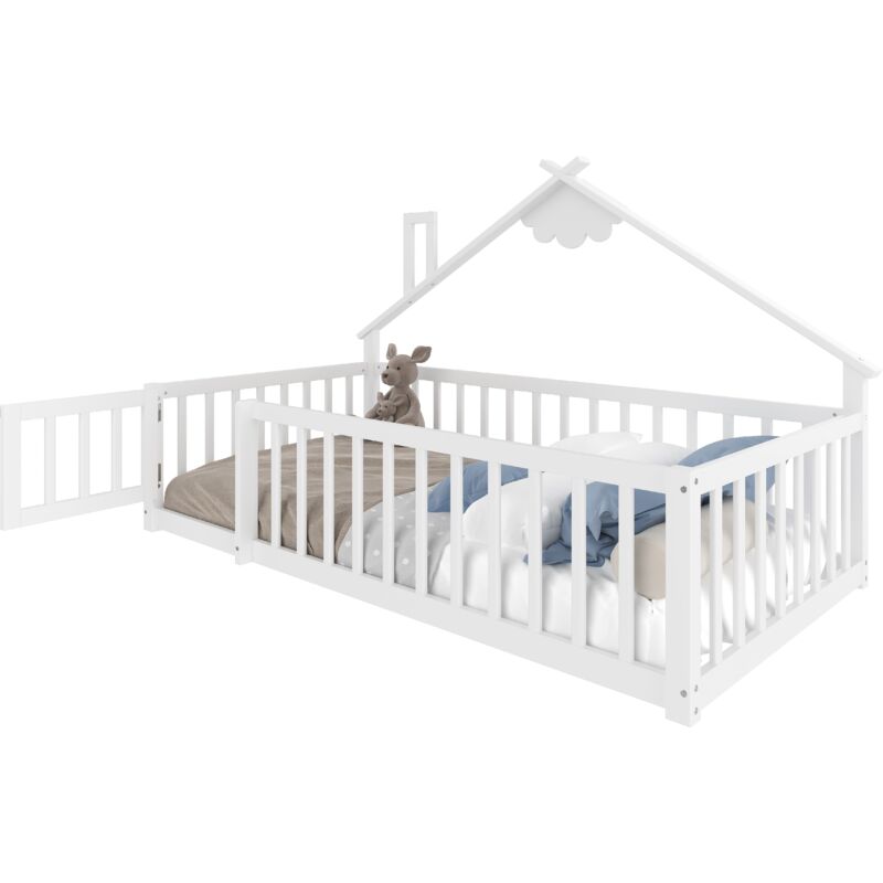 Mivray Kinderbett Kiefernholz Und Mdf Weiß 90x190 Cm Mit Hausrahmen Und Sicherheitsgeländer