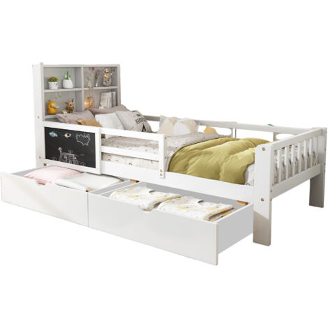 Kinderbett Massivholz/MDF Weiß 90x200 cm mit Lattenrost, 2 Schubladen und Tafel