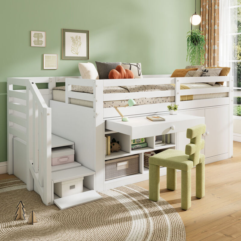 Mivray Kinderbett Massivholz Weiß 90x200 Cm Mit Treppe, Stauraum, Schublade Und Inklusive Lattenrost