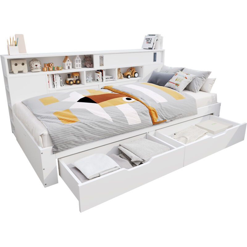 Mivray Kinderbett Mdf Weiß 90x200 Cm Mit Lattenrost, 2 Schubladen, Regal Und Schiebetür-stauraum