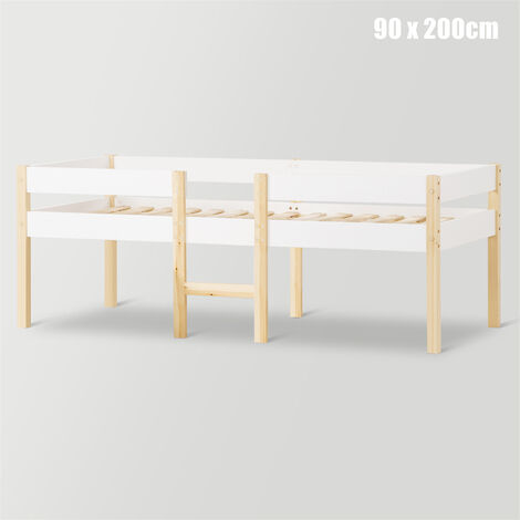 Kinderbett mit Rausfallschutz, Massivholz Hausbetten für Schlafzimmer der Kinder Jugendzimmer (Weiß/90x200cm)
