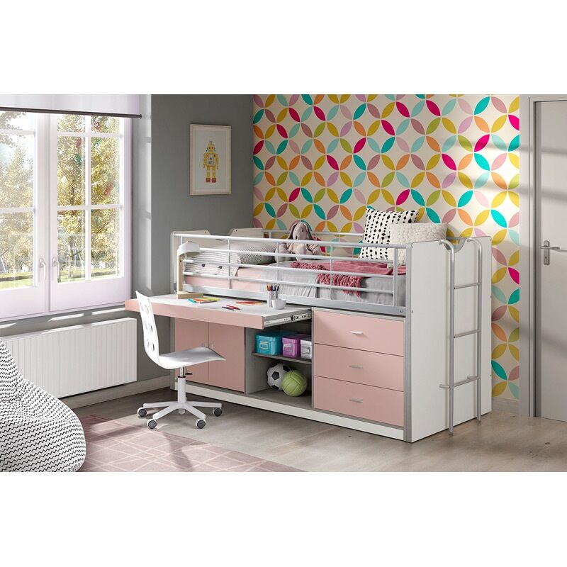 Kinderbett mit Schreibtisch BONNY-12, 90x200cm, Weiß Rosa