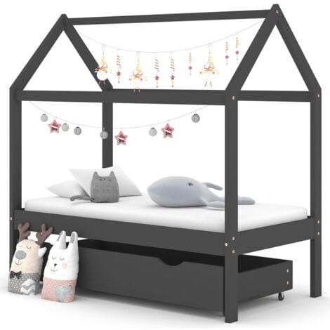 Kinderbett mit Schublade Bett - Bettgestell Dunkelgrau Massivholz Kiefer 70x140 cm BV192125 - BonneVie