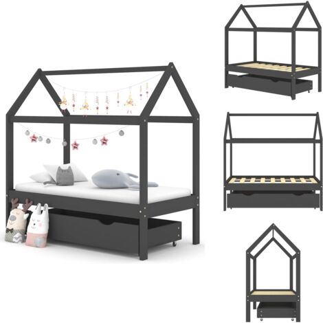 Kinderbett mit Schublade Dunkelgrau Massivholz Kiefer 70x140 cm - Holz Kinderbett - Kiefernholz Kinderbett - Kinderbett Mit Schublade - Jugendbett - Kinderzimmer Dekoration