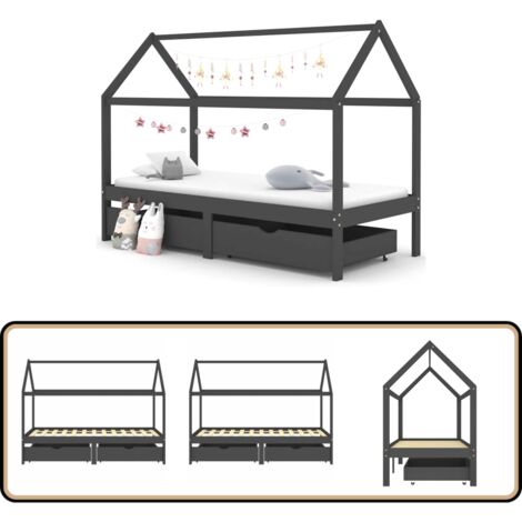 Kinderbett mit Schubladen Dunkelgrau Massivholz Kiefer 90x200cm - Holz Kinderbett - Kinderbett Mit Schubladen - Baumhaus Stil Bett - Kiefer Massiv - Jugendzimmer Dekoration