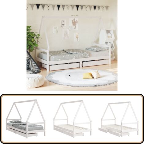 Kinderbett mit Schubladen Weiß 80x200 cm Massivholz Kiefer - Kinderbett - Holzkinderbett - Kiefernholzbett - Kinderzimmer Dekoration - Schreibtischlampe