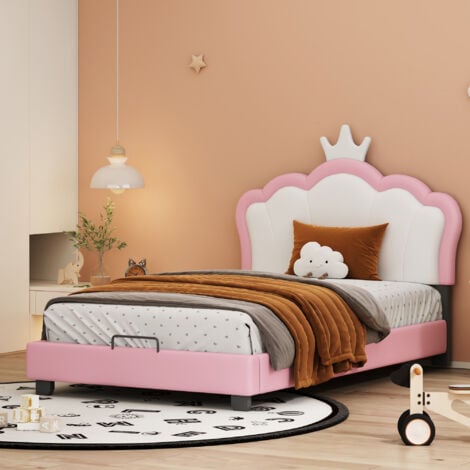 Kinderbett Polsterbett 90200cm mit Lattenrosten und Rückenlehne, Mädchenbett mit Kronenformung, rosa (Matratze nicht enthaltet) OKWISH