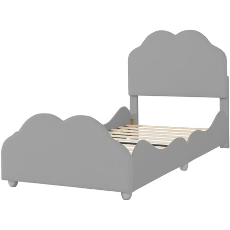 Kinderbett Polsterbett Samt Grau 90x200 cm mit hohem Geländer und wolkenförmigem Kopf- und Fußteil