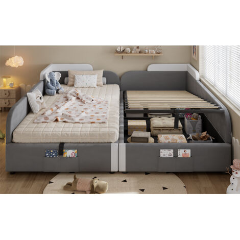 Kinderbett Polsterbett Samt Weiß/Grau 2x90x200 cm mit hydraulischem Stauraum und weichem Rausfallschutz