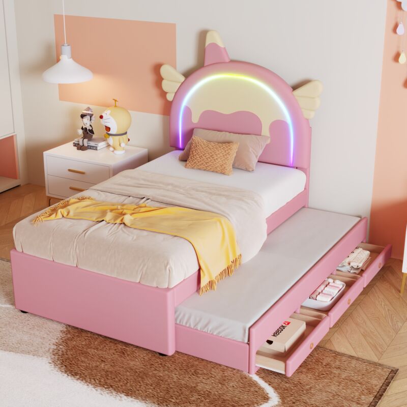 Mivray Kinderbett Pu Mit Ausziehbaren Bett 90x200 Cm, Rosa