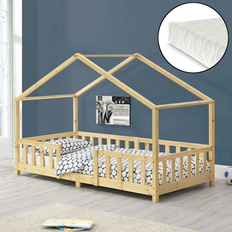 Kinderbett Treviolo 90x200 cm mit Kaltschaummatratze und Gitter Holz Natur