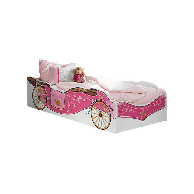 Kindermoebel-24shop - Kinderbett Zoe mit Kutschenmotiv 90*200 cm weiß - pink Jugendbett Bettliege Prinzessinen Holz Bett