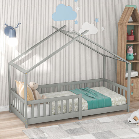 Kinderbett,Schönes Hausbett,Vollholz mit Zaun und Lattenrost, mit Rausfallschutz für Kinder- und Jugendzimmer (Grau, 90 X 200 cm) - Grau