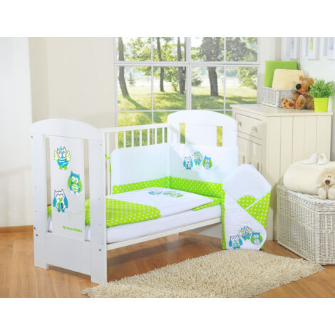 Kinderbettwäscheset 135x100cm mit 3-teiligem Nestchen, grüne Eulen, mit grüner und türkiser Stickerei