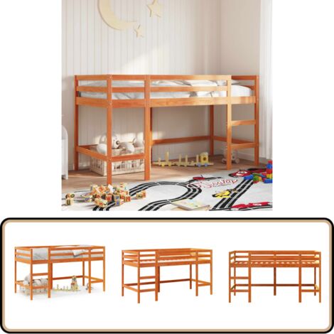 Kinderhochbett mit Leiter Wachsbraun 90x190cm Massivholz Kiefer - Kinderhochbett - Holzbett - Kiefernholzbett - Jugendzimmermöbel - Spielbett