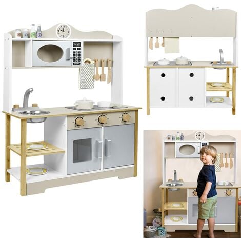 Kinderküche Zubehör Spielküche Holz, Spielzeugküche für Kinder ab 3 Jahren, Kinder Küchenspielset Spielzeug mit Mikrowelle Kochfeld Spüle Pfanne Schöpflöffel Typ A YARDIN