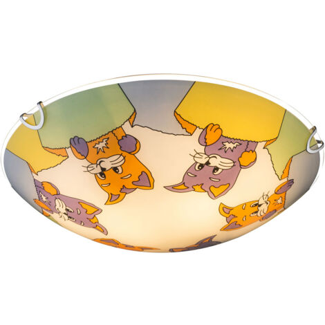 Kinderlampe Deckenleuchte Deckenlampe Kinderzimmerleuchte mit Tieren, Katzen Motiv, Glas, 2x E27, DxH 30 x 6,5 cm