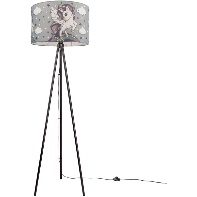 Paco Home Lampe pour enfant Lampadaire LED Chambre d'enfant lampe licorne, pour fille E27 Trois Pieds Noir, Gris (Ø45.5 cm)