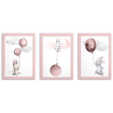 Kinderposter Set Rosa Hasen Luftballons 3er Bilder Set 50x70