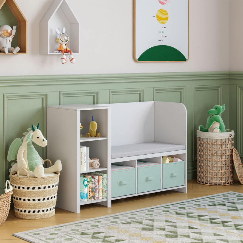 Kinderregal Mit Sitzbank Høylandet 76x112x40 Cm Weiß/mintgrün [en.casa]