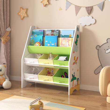 Kinderregal Ponteceso Dinosaurier-Motiv Weiß/Grün/Gelb [en.casa]