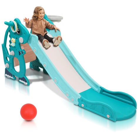 Wolketon Kinderrutsche 4-in-1 Kinder Rutsche Spielplatz Klappbar mit Basketballkorb Wurfring Englisch-Lerngerät Grün