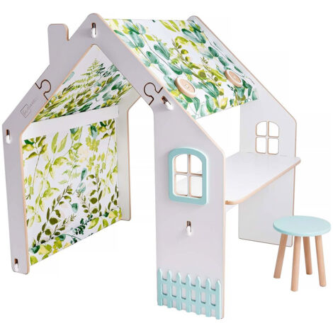 Kinderspielhaus aus Holz Bianelli- mit Schreibtisch - 114 x 93 x 120 cm - Weiß / Minzgrün